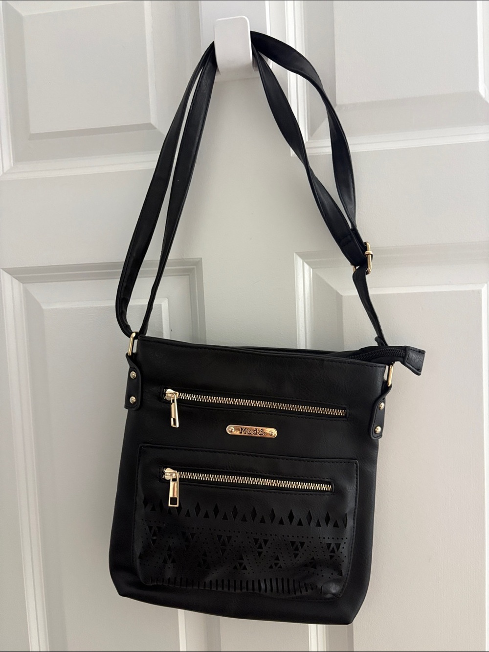 Y2K Mudd Black Crossbody Bag with Gold Hardware and Laser-Cut Detail